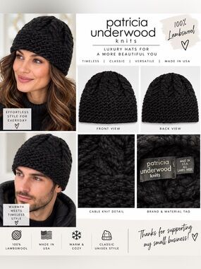 Patricia Underwood Knits Black 100% Lambswool Cable Knit Beanie Hat Made USA